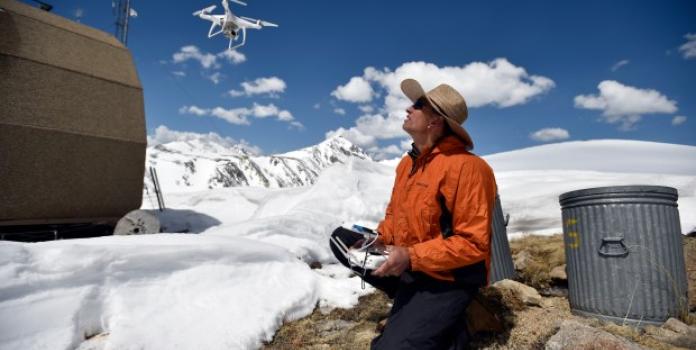 John Galetzka, with UNAVCO, flies a drone while collecting data on at the University of Colorado Mountain Research Station on Niwot Ridge in Boulder County.