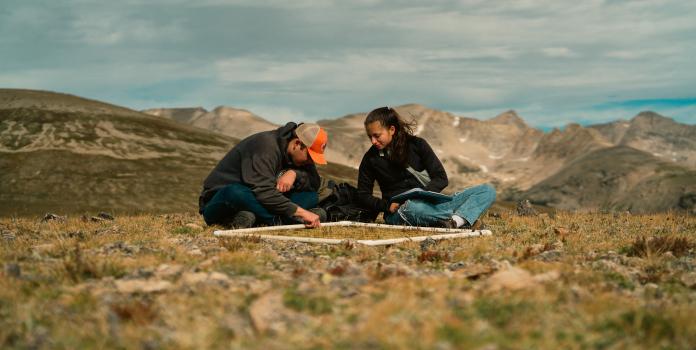 Two researchers count plants along mountain ridge