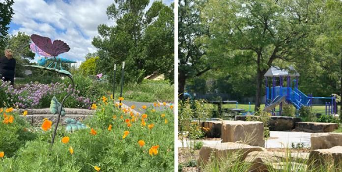 Greenspace garden with butterfly sculpture and blue playground_LearningLandscapes