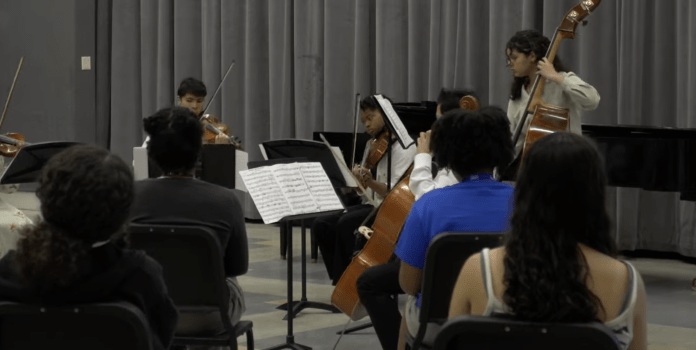 A group of young people playing symphony instruments