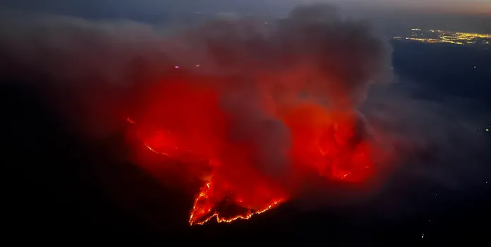 Aerial view of the mosquito forest fire at night