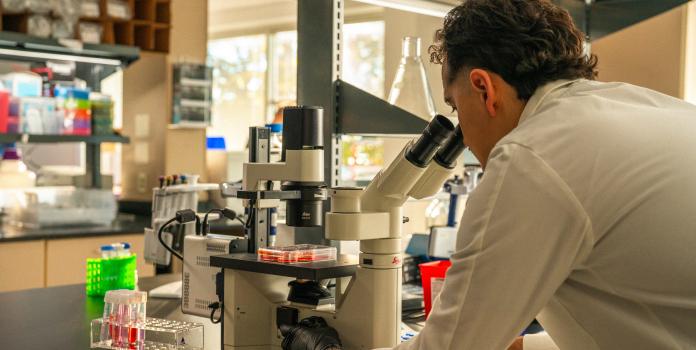 Man looking into microscope at Anschutz medical research lab