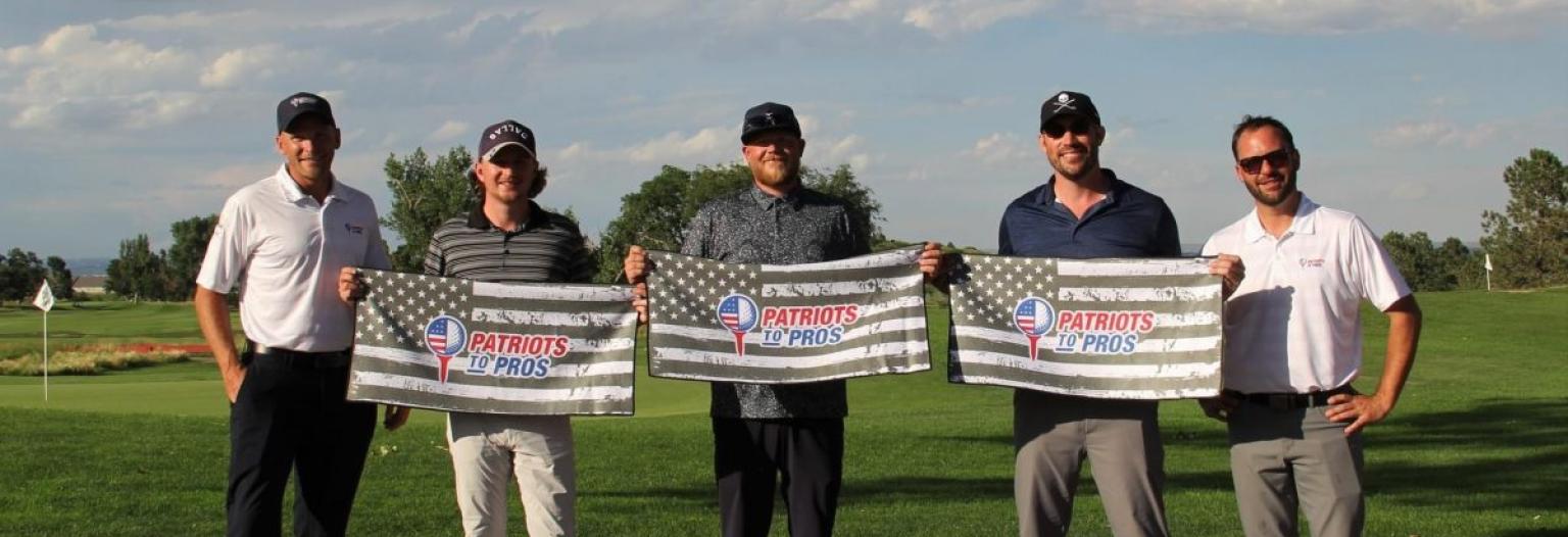 5 Patriots to Pros men on golf course, 3 holding flags